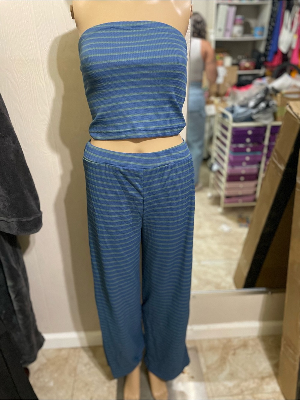 Striped Blue Strapless Tube Top and Wide Leg Pants Set